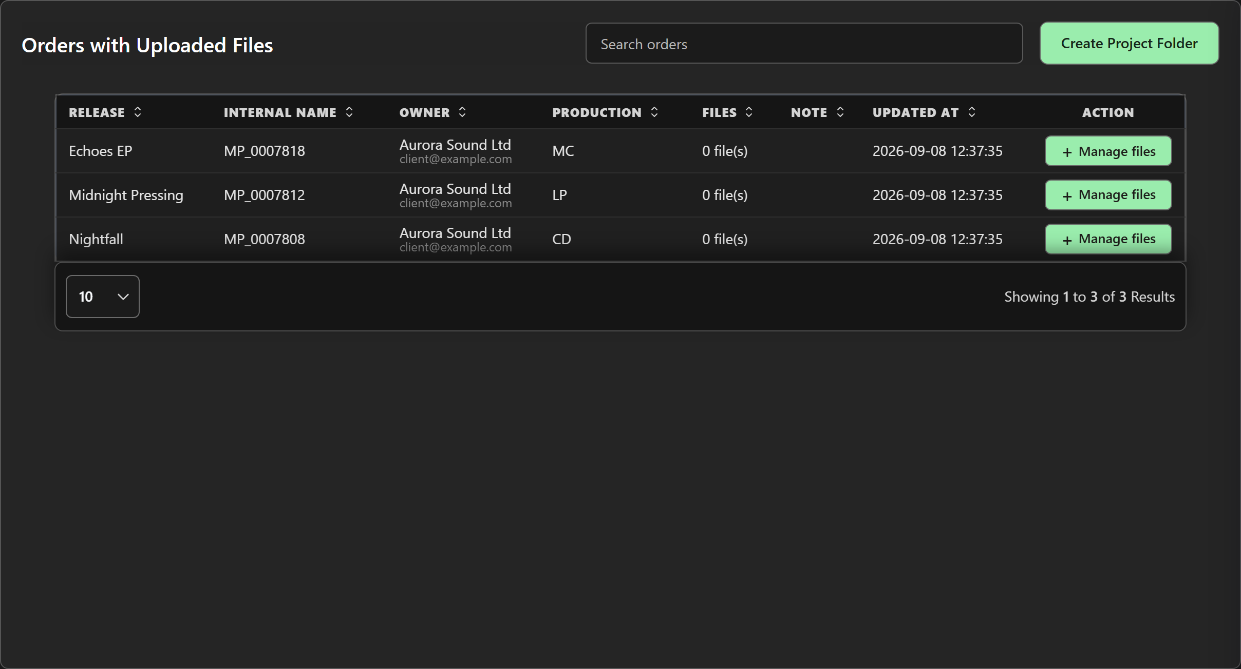 The orders list, one row per project folder