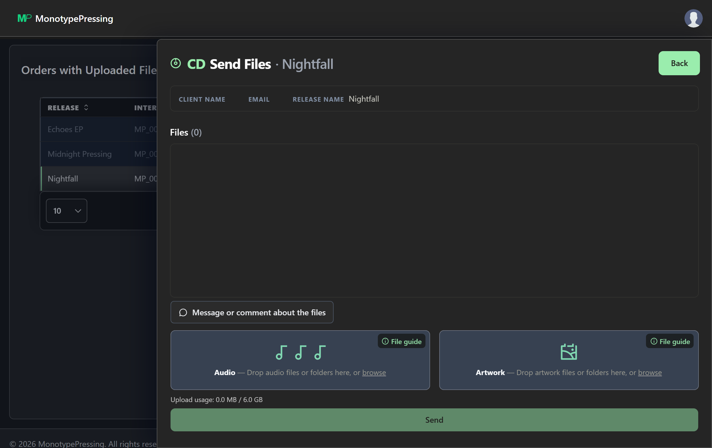 The Send Files panel with the Audio and Artwork drop zones