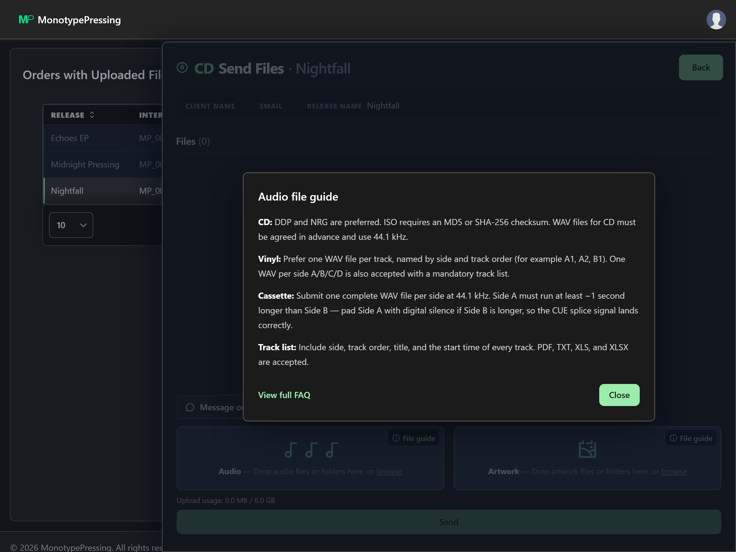 The Audio file guide dialog