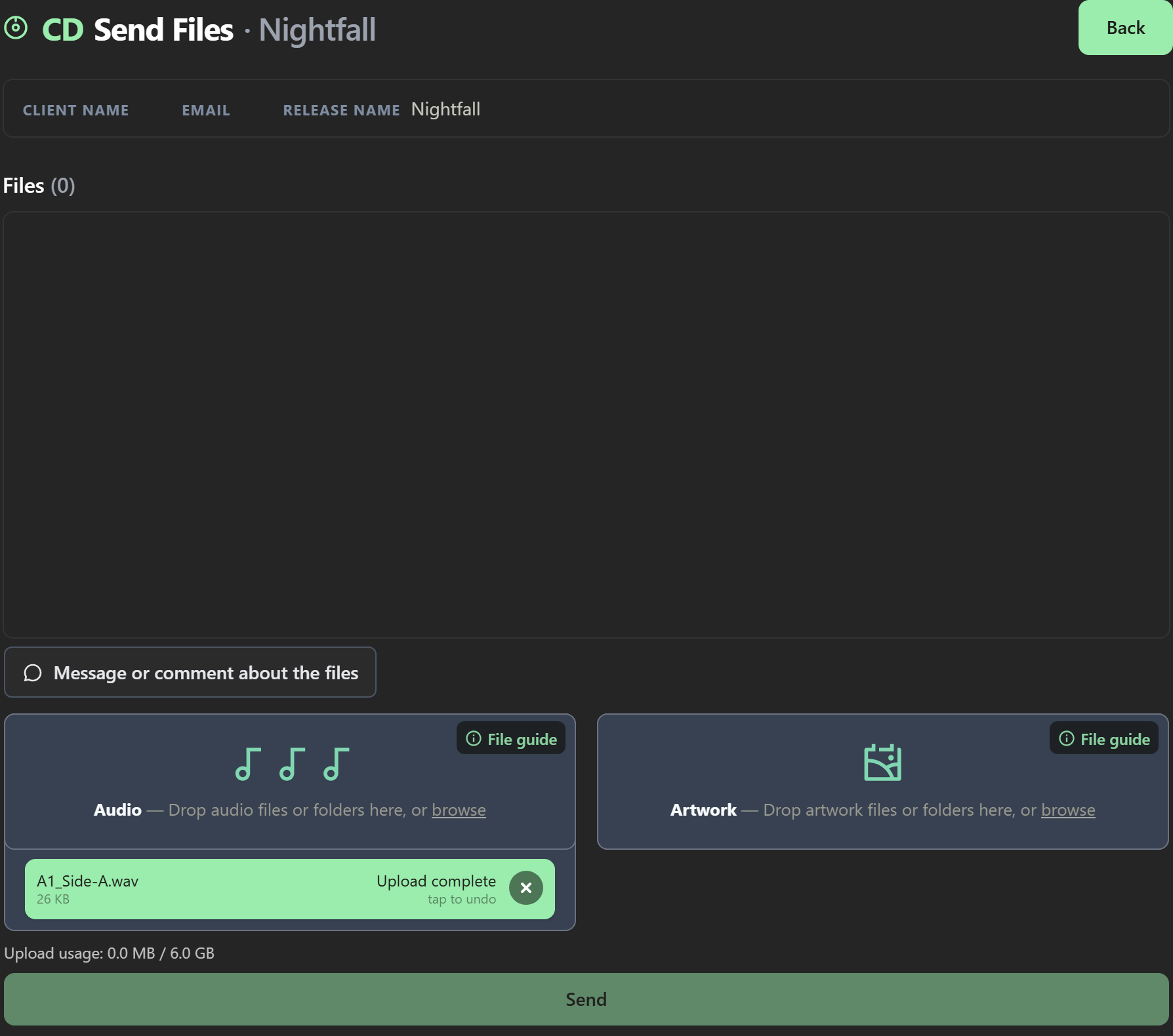 A file that has finished uploading, marked Upload complete