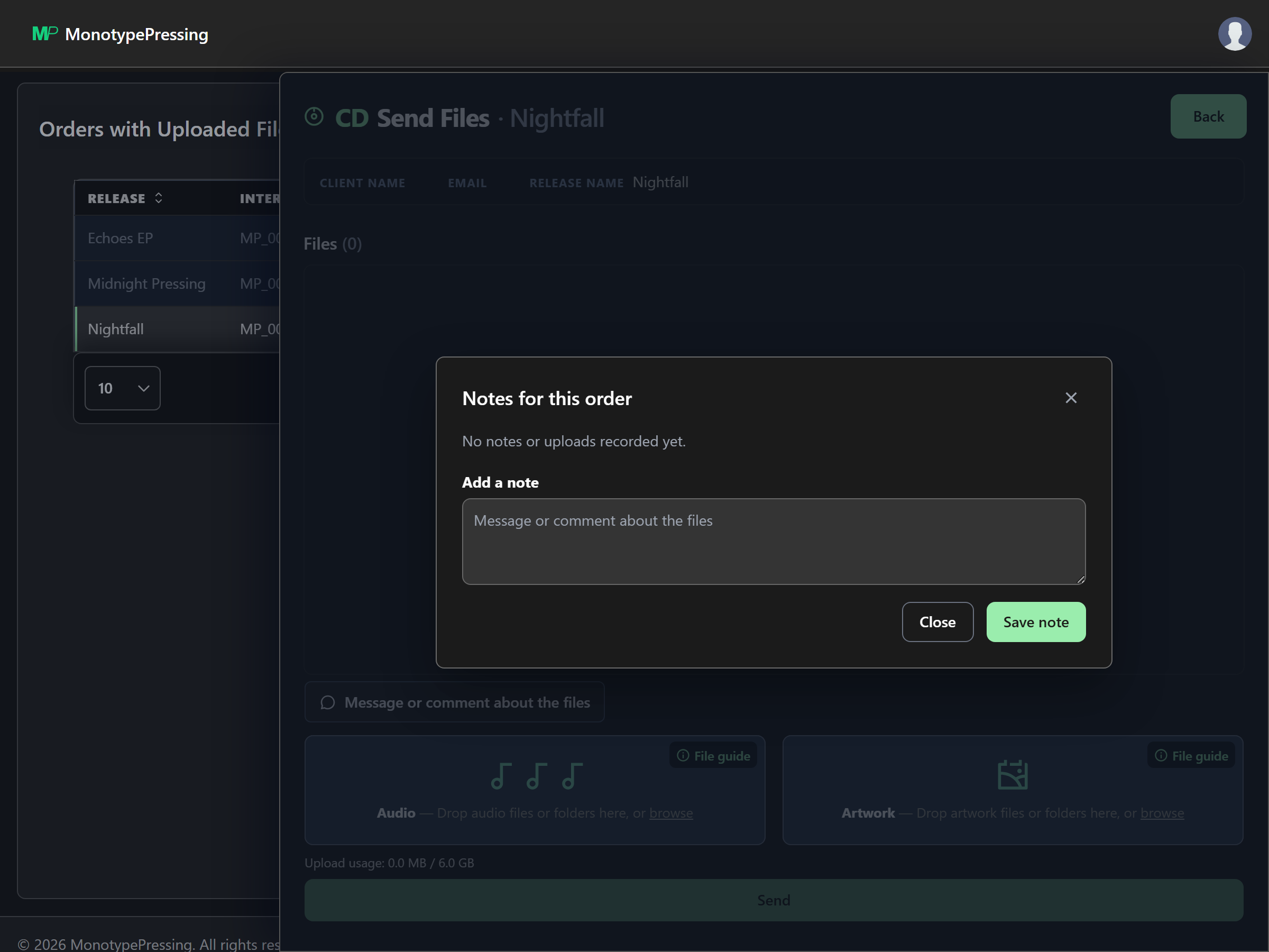 The Notes for this order dialog